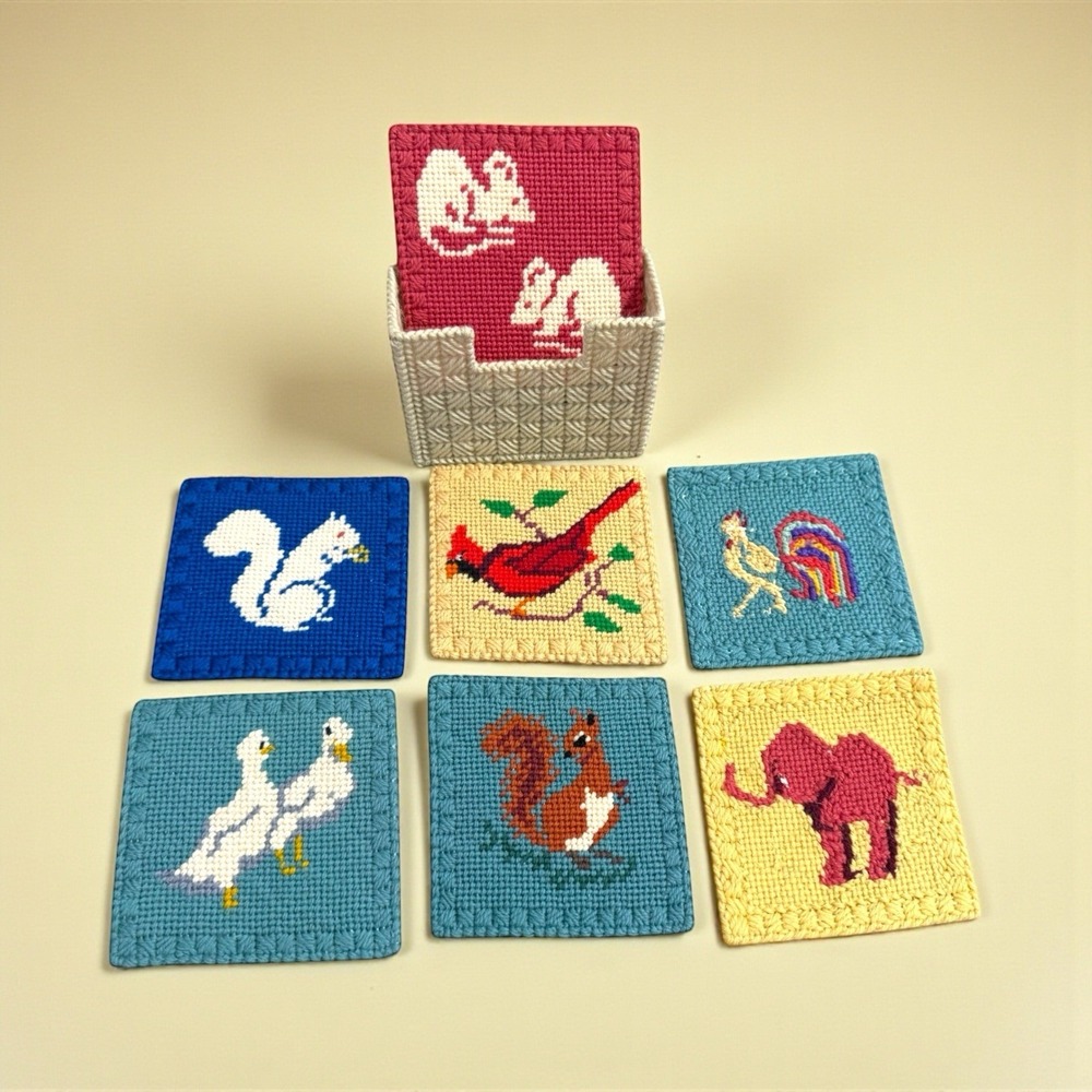 Vintage Set Of 7 Nature Animals Needlepoint Coasters Handmade with Holder